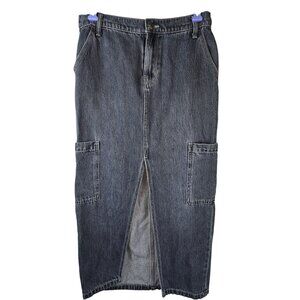 Old Navy Denim Cargo Maxi Skirt Mid-Rise Size 2 Blue Cotton Blend Front‎ Slit